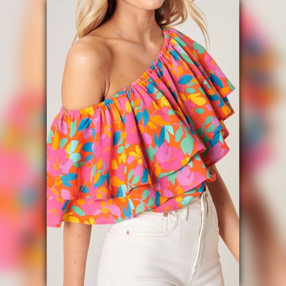 Small - SUGARLIPS Fruity Floral Charmer One Shoulder Blouse - Picture 4 of 4